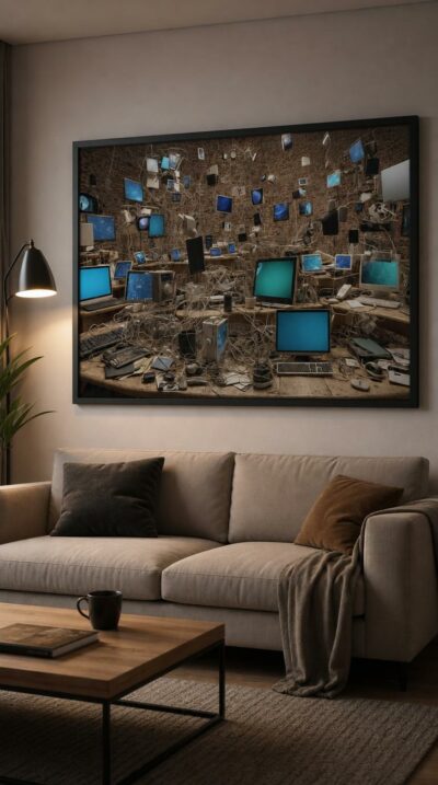 A brick-walled room overrun by vintage screens and tangled cables, each monitor glowing with a quiet, otherworldly blue.