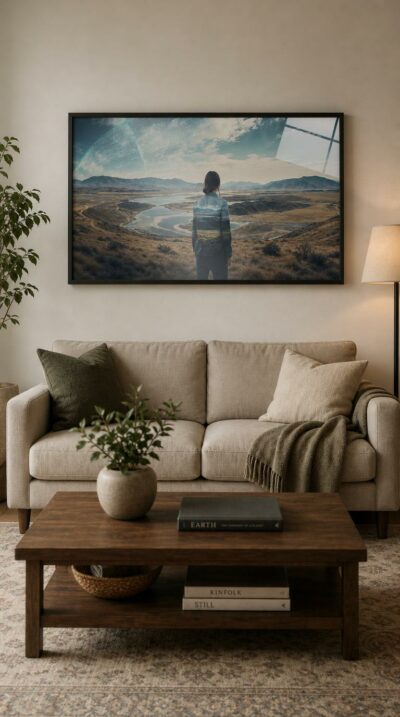 A lone figure surveys a vast valley of winding waters and golden hills, her jacket mirroring the very landscape she contemplates.