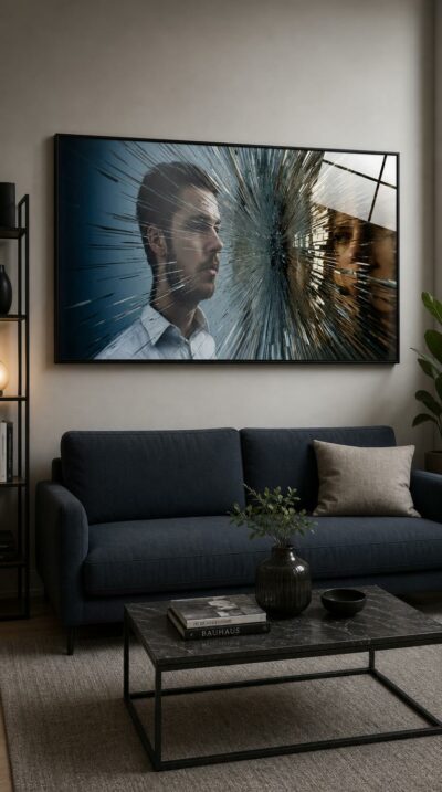 A man in profile and a woman's distant reflection meet across a vast burst of shattered glass, two faces held apart by a single fracture.
