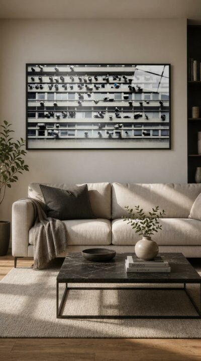 A pale concrete facade bristles with dozens of security cameras, every lens turned outward in a quiet, unblinking watch.