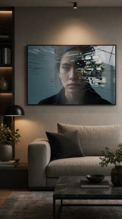 A young woman's steady gaze emerges through a curtain of shattered glass, half of her face dissolving into glinting splinters and pale reflected light.