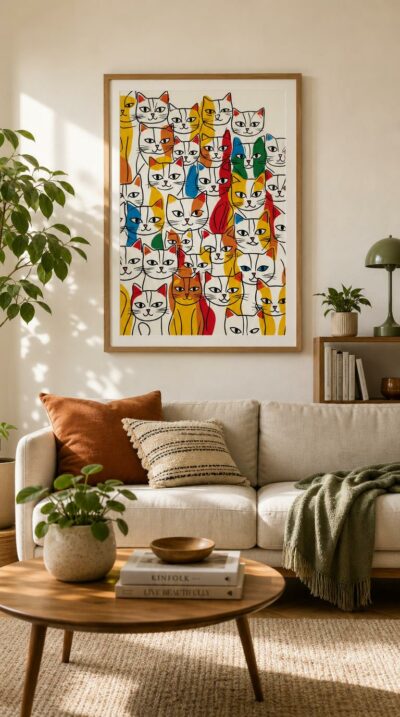 A joyful crowd of cats drawn in quick black contours, scattered with bold blocks of red, yellow, blue and green.