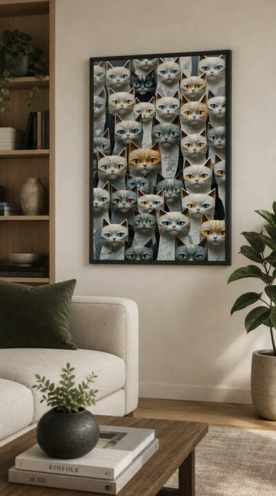 A wall of feline faces, rendered in cracked tile and pale relief, gazes back with quiet, watchful eyes in gray, gold and blue.