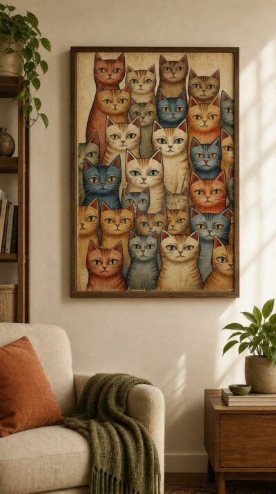 A crowd of cats in earthy reds, golds and slate blues gazes out together, painted with the gentle simplicity of an old, well-loved folk picture.