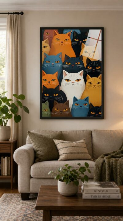 A close-packed crowd of stylized cats in warm and cool tones, every pair of amber eyes fixed forward, with one calm white face at the center.