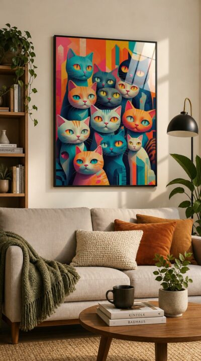 A joyful gathering of stylized cats, their wide luminous eyes glowing against a backdrop of bold geometric color.