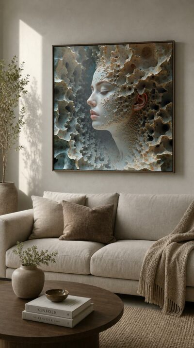 A serene face in profile emerges from a swirling crust of porous, coral-like forms, half-revealed and slowly dissolving into intricate organic lace.