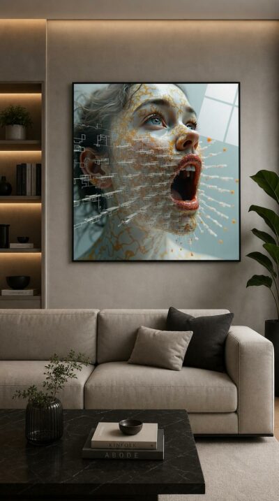 A young face caught mid-gasp dissolves into a stream of weightless fragments, gold veins tracing the skin as the emotion scatters into air.