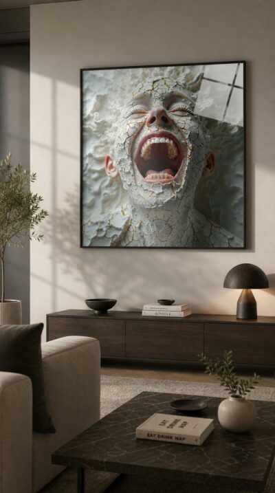 A face caught mid-laughter dissolves into cracked porcelain laced with gold, joy and fragility held in a single suspended breath.