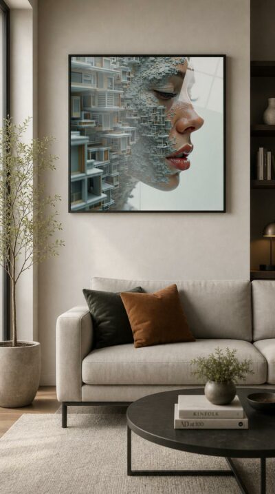 A serene profile in eyes-closed repose dissolves into a cascade of miniature buildings, where flesh and architecture trade places against a soft pale ground.