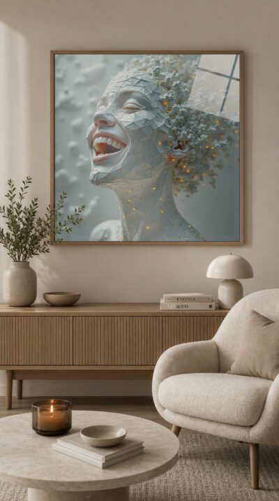 A laughing face dissolves into a constellation of white blossoms and tiny amber lights, joy caught at the very moment it begins to scatter.