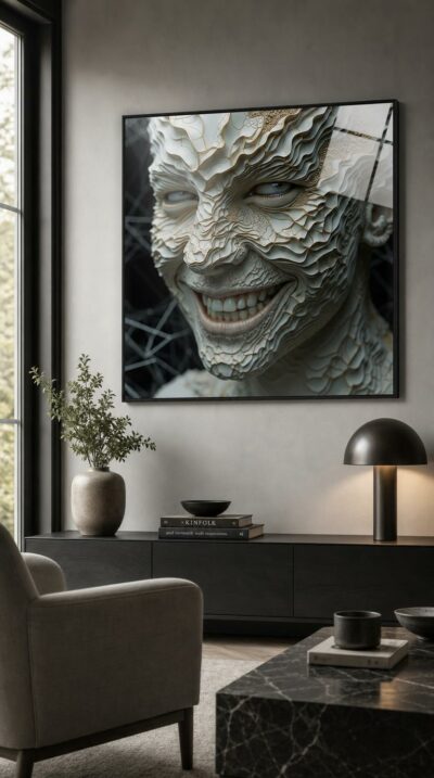 A smiling face fractures into porcelain ridges veined with gold, its grin teetering between charm and menace.