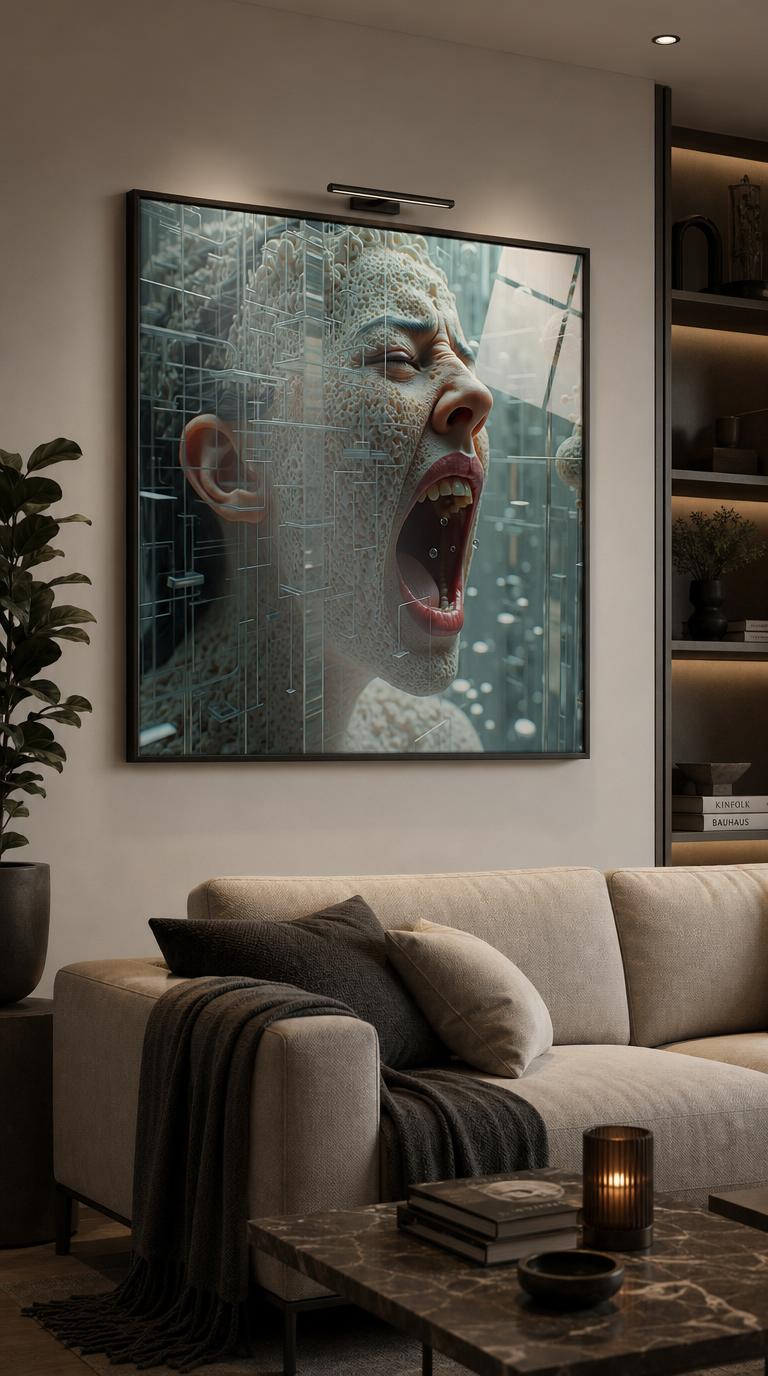 A crying face, its skin turned to porous stone, dissolves into a glassy lattice of rods and floating droplets.