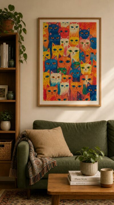 A joyful crowd of crayon-bright cats, drawn with childlike spontaneity, their wide eyes peering out in every shade of orange, blue and gold.