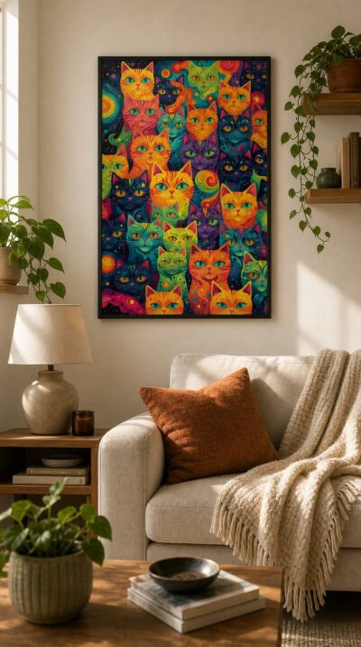 A wall of luminous cats gazes back at you, their fur rippling with neon swirls and their wide eyes glowing like small galaxies.