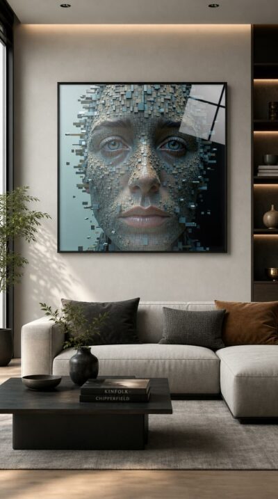 A human face built from countless tiny cubes scatters at its edges, dissolving into the air as if a single emotion were quietly coming apart.