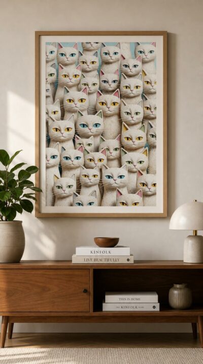 A throng of pale, sculpted cats gazes out in unison, their soft stone faces lit by eyes of pastel blue, gold and green.