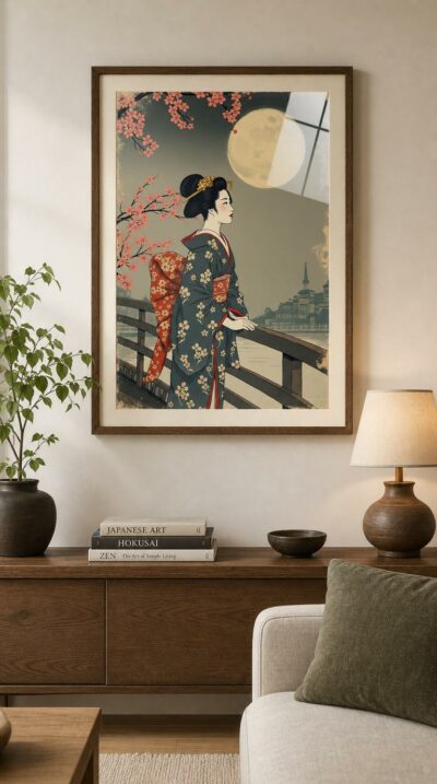 A geisha pauses on a bridge beneath a full moon, cherry blossoms drifting around her in quiet contemplation.