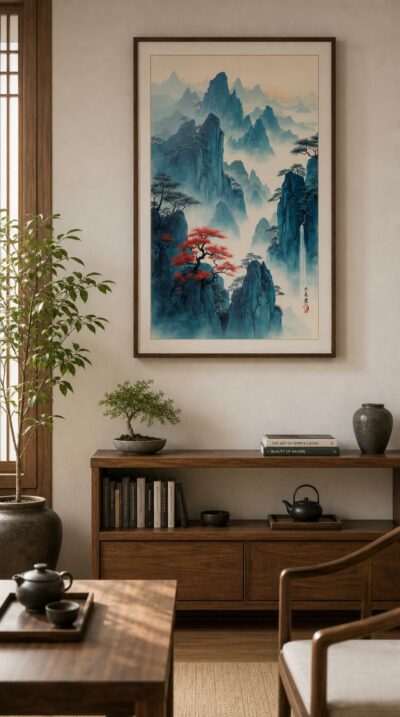 Mist-wrapped peaks rise into a golden dawn, a lone scarlet maple blazing against the blue silence of an ink-painted valley.