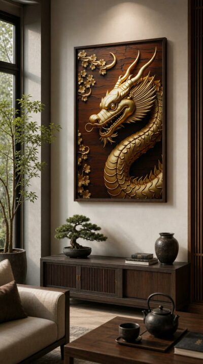 A golden Naga coils in high relief against deep wood, its sculpted scales and serene snarl glowing beside delicate blossoms.