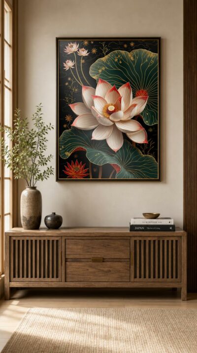 A radiant lotus opens above jade leaves veined in gold, its pale petals tipped in red, blooming against a deep midnight ground.