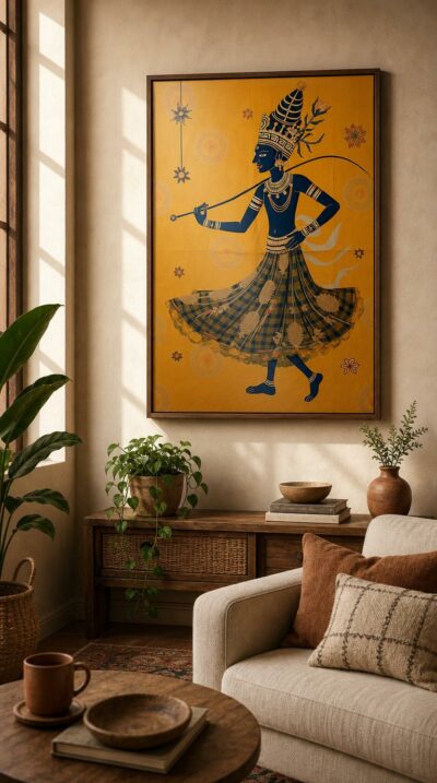 A deep-blue dancer turns in silent grace against a sunlit gold ground, her checkered skirt sweeping outward like a slow breath of devotion.