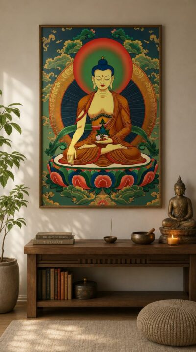 A serene Buddha sits in meditation before a luminous halo, cradling blossoms upon a radiant lotus throne wreathed in golden clouds.