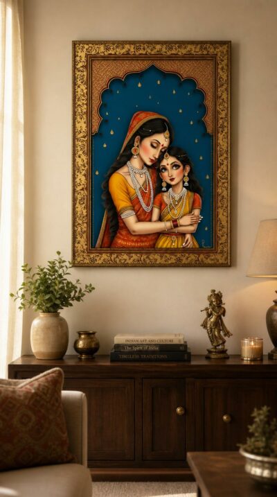 Two richly adorned women lean into one another, jewels glinting against a deep blue ground edged in gilded ornament.