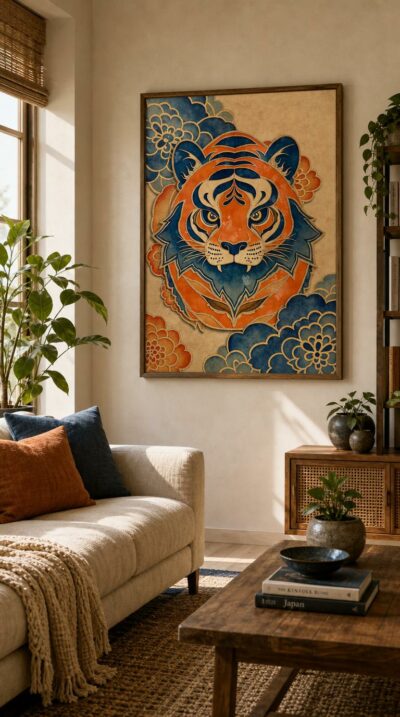 A bold Korean folk tiger gazes outward in orange and deep blue, framed by blossoms and drifting cloud forms on warm parchment.