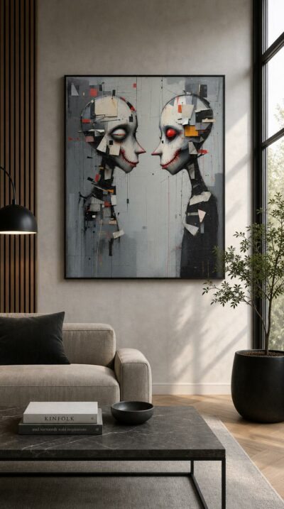 Two distorted faces meet nose to nose, mouths stitched in jagged red, set against a scratched gray field strewn with bright collaged fragments.