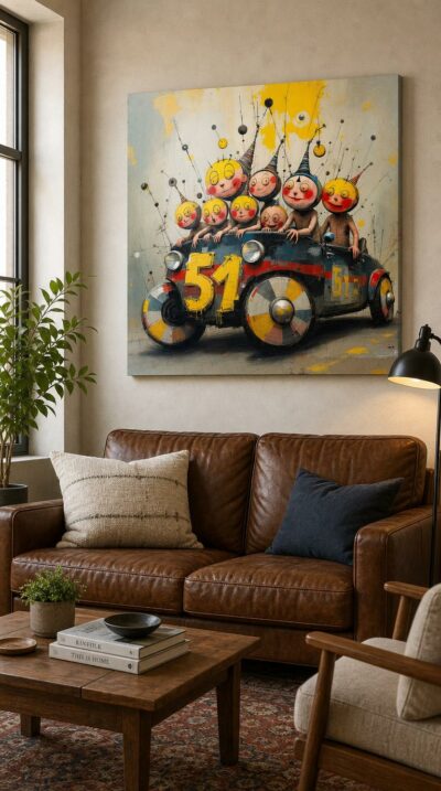 A crooked toy car overflows with round, party-hatted faces, their painted cheeks glowing against a storm of dripping yellow and crimson.