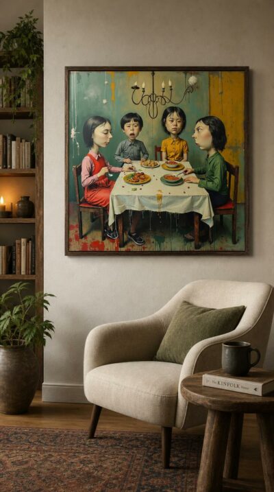 Four wide-eyed figures with oversized heads gather at a warped table, sharing a meal where deep red, mustard, and murky green collide in cheerful disorder.