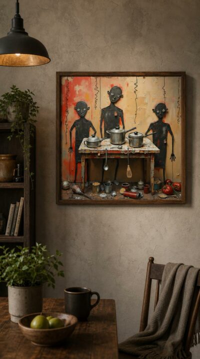Three spindly figures gather around a battered table crowded with mismatched pots, their zigzag arms conducting an absurd domestic symphony.
