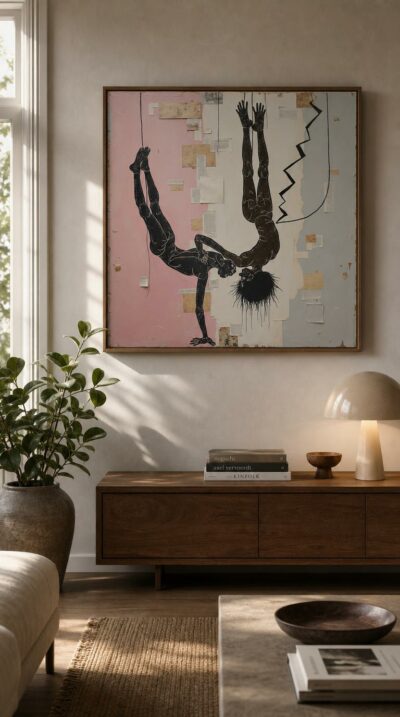 Two inked silhouettes hang and balance in acrobatic disarray, scribbled across panels of neon pink, cream and dove gray.