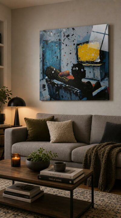 Two crooked silhouettes slump on a battered sofa, transfixed by a glowing yellow screen, while scraps of paper rain through a peeling room.