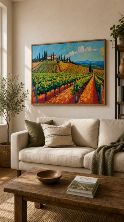 A picturesque scene of a Bordeaux vineyard, with bright colors and contemporary details.