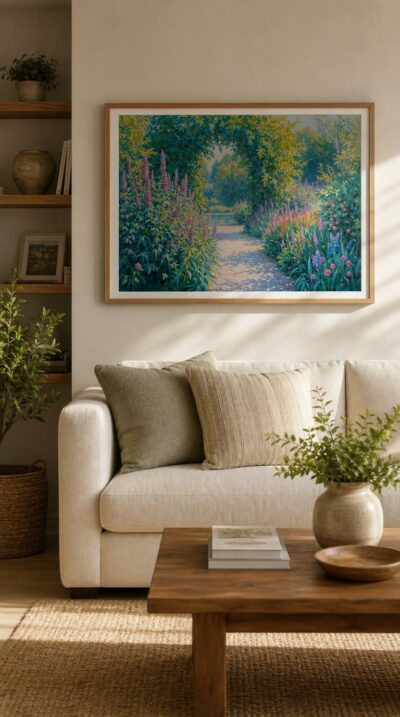 A sunlit garden path winds between towering spires of pink, lavender and coral blooms, opening toward a glimmer of blue water beyond.