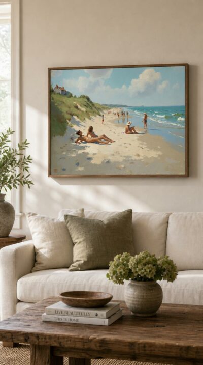 Sunbathers drift through a luminous summer afternoon on a Normandy shore, soft sand meeting turquoise surf beneath a wide, breezy sky.
