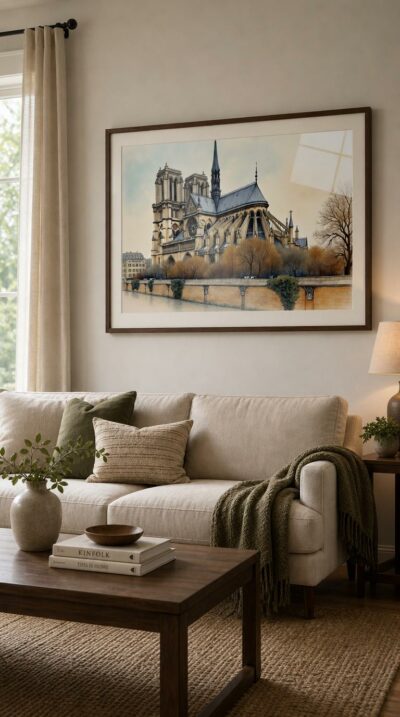 Notre-Dame rises in soft watercolor light, its Gothic towers and flying buttresses framed by bare winter trees along the Seine.