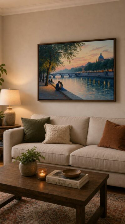 Beside the Seine at twilight, a couple leans close as a pastel sky melts into the river and rose petals scatter along the quay.