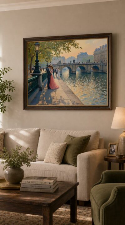 A couple leans close on a sunlit Seine quay, the stone bridge and pastel city glowing in the soft warmth of late afternoon.