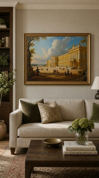 The golden facade of Versailles stretches beneath towering clouds while courtiers in tricorne hats gather across a sunlit forecourt.