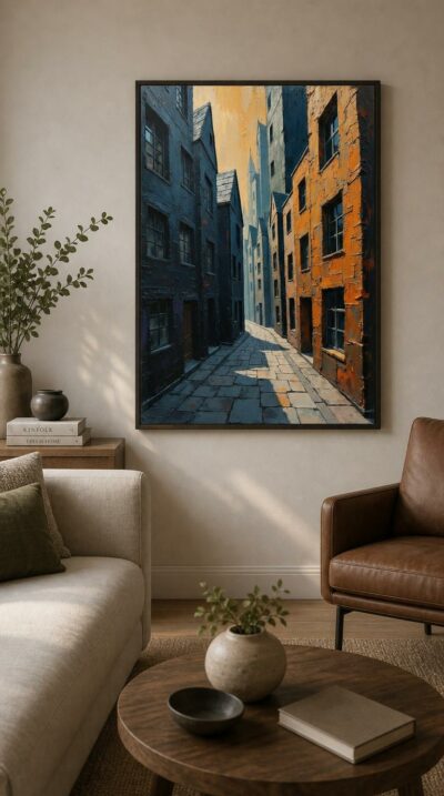 A narrow cobbled lane threads between leaning tenements, one wall blazing amber against deep blue shadow as cool light spills down the worn stones.