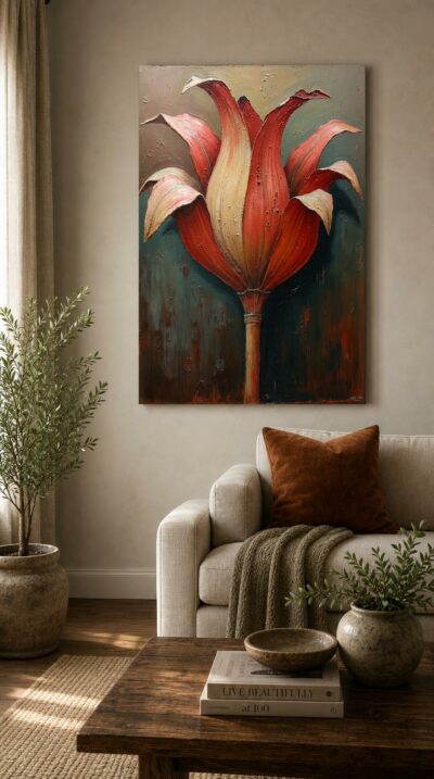 A single flower opens in ribbons of crimson and cream, its thick painted petals curling against a weathered, shadowed ground.