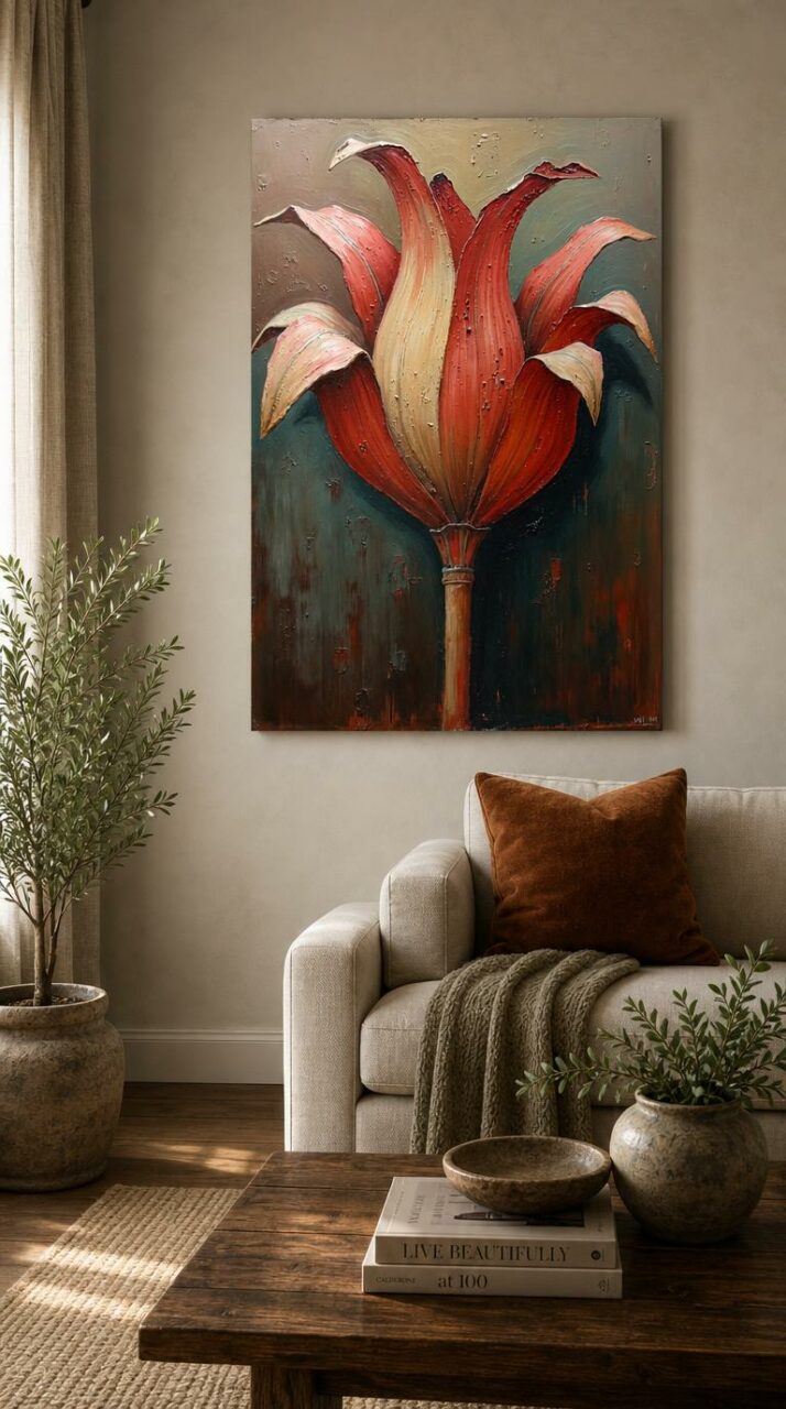 A single flower opens in ribbons of crimson and cream, its thick painted petals curling against a weathered, shadowed ground.