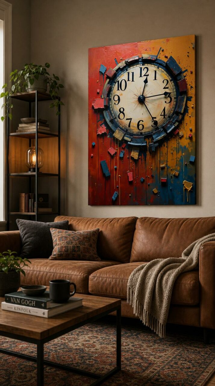 A weathered clock face bursts apart, its numerals and shards drifting across a field of red, ochre and deep blue.