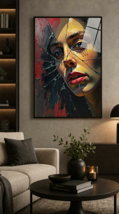 A woman's face emerges through shattered glass, her red lips and luminous eyes glowing as color streams like tears across the fractures.