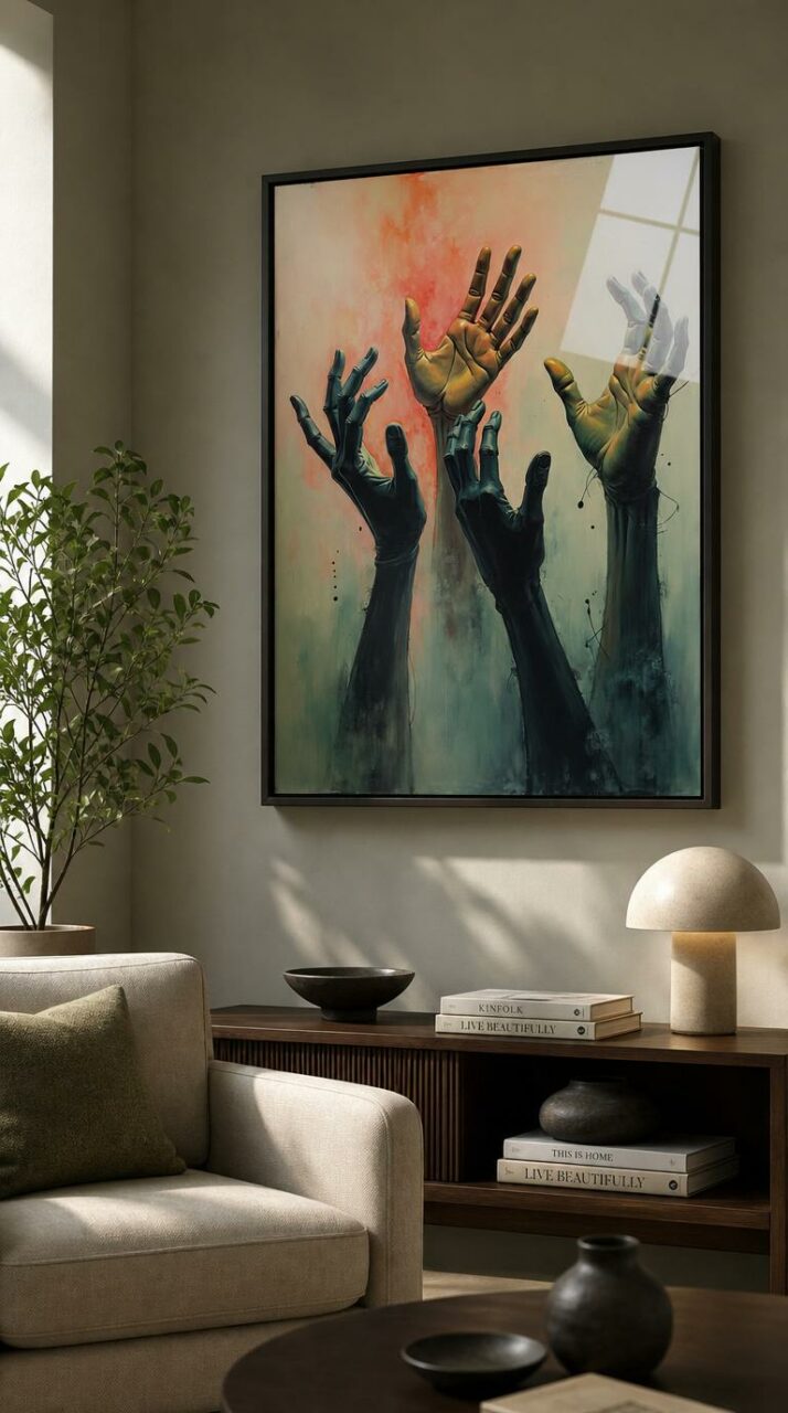 Four disembodied hands rise toward a pastel void, reaching with quiet yearning against a haze of coral and pale green.