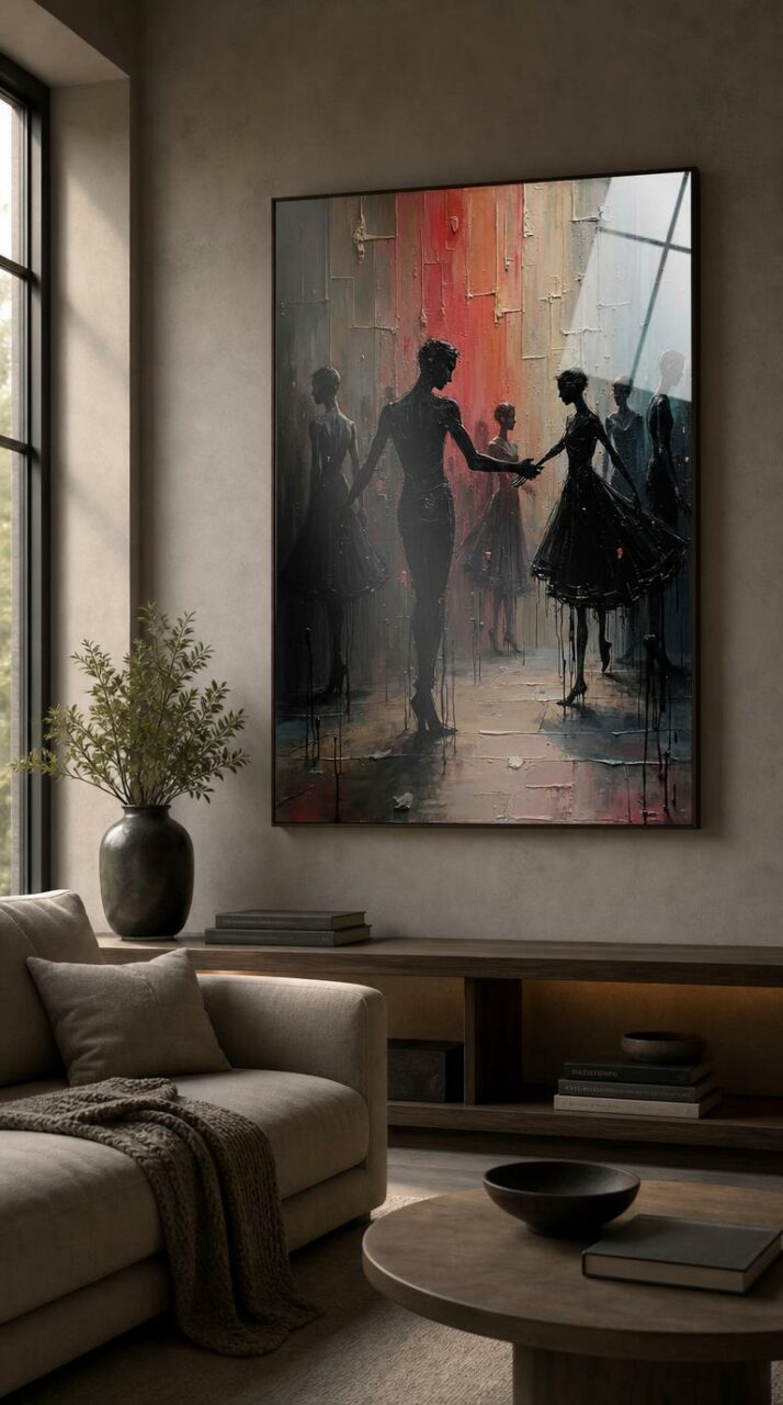 Silhouetted dancers reach toward one another in a dim hall, their dark forms dissolving into trails of color and shadow.