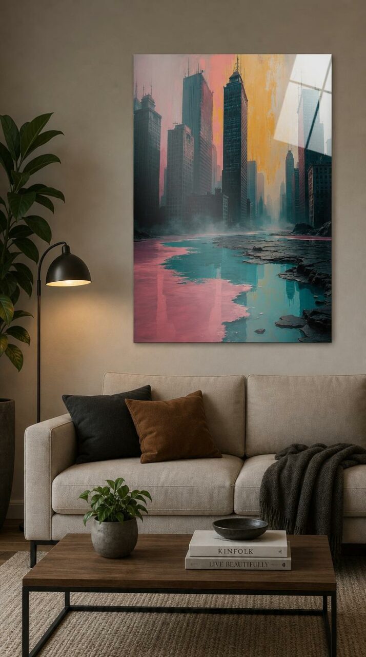 A skyline glows in pink and gold above a river that pools like liquid candy, the metropolis dissolving softly into dream.